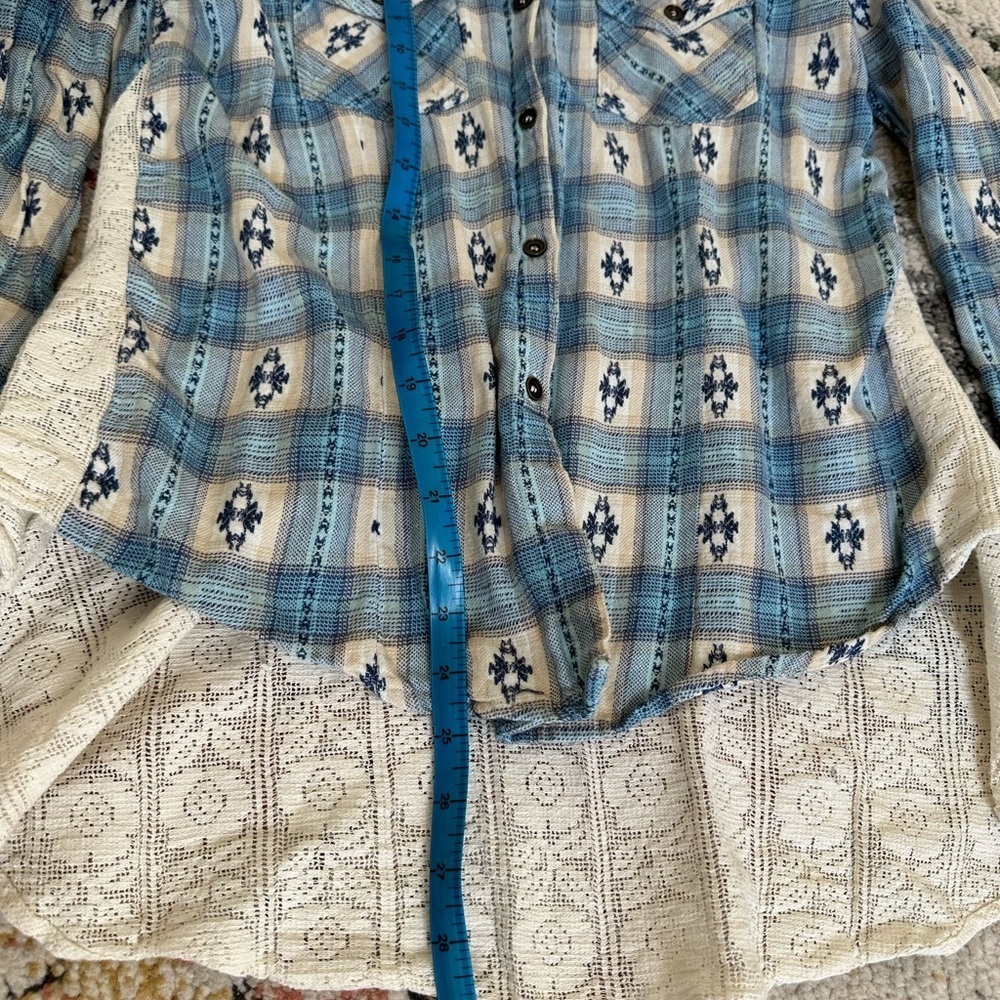 VTG 90s Angie Women S Southwestern Button Up Top Lace Peplum Blue Plaid Boho - Picture 8 of 15